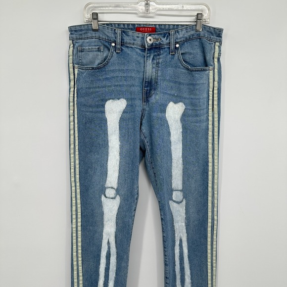 GUESS Jeans Mens 34 DIY Glittery Skeleton Bone Streetwear Punk Gorpcore Stripe - Picture 2 of 15